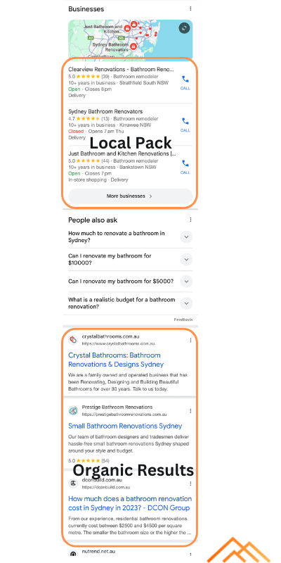The Google local pack for bathroom renovations Sydney