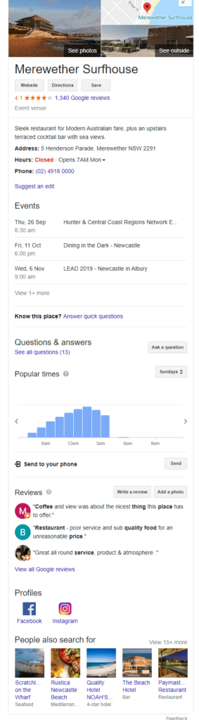 Google My Business Branded Knowledge Panel for Merewether Surfhouse
