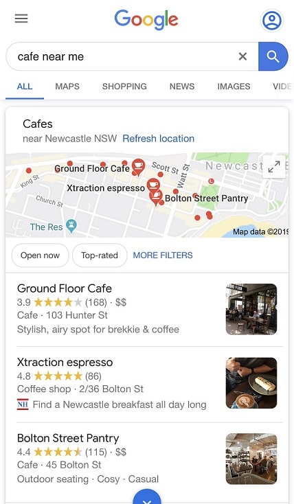 Google search for cafe near me on mobile