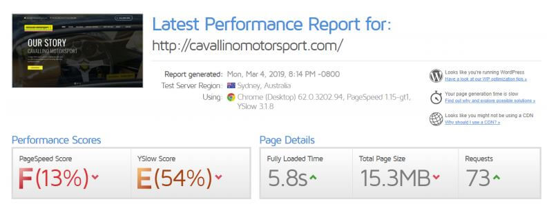 Cavallino Motorsport GTMetrix Report Screenshot by Firewire Digital
