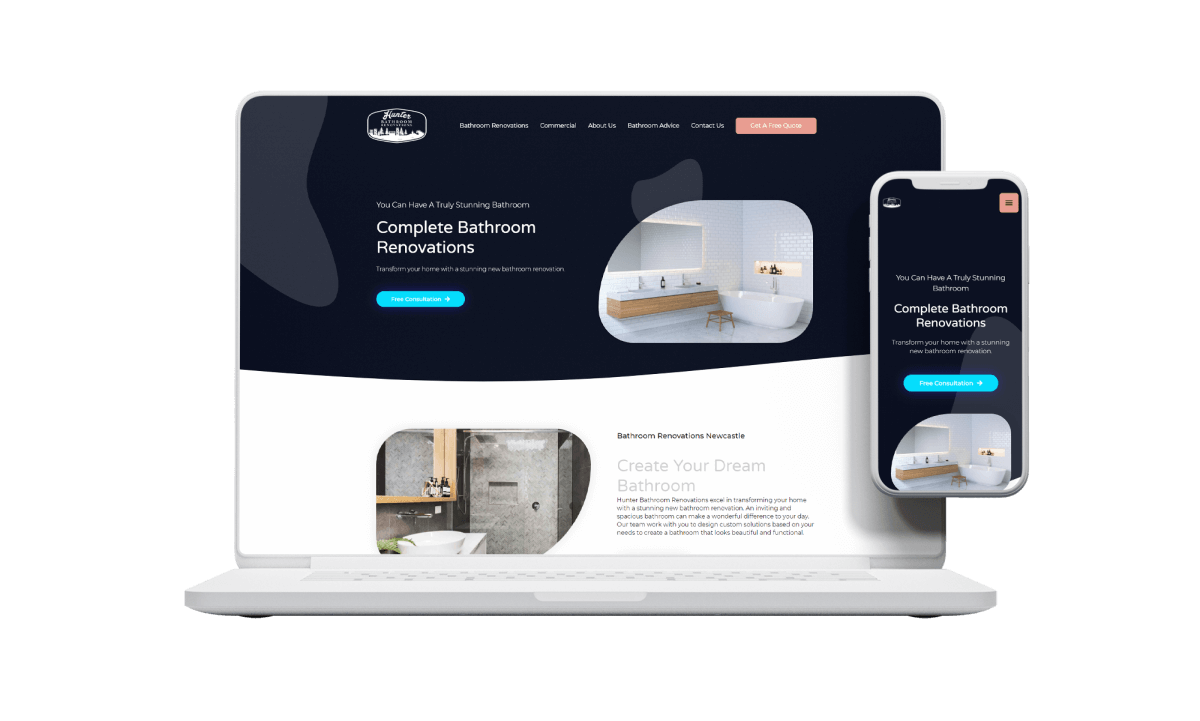 Hunter Bathroom Renovations Website Design on Desktop and Mobile by Firewire Digital, Transparent Background